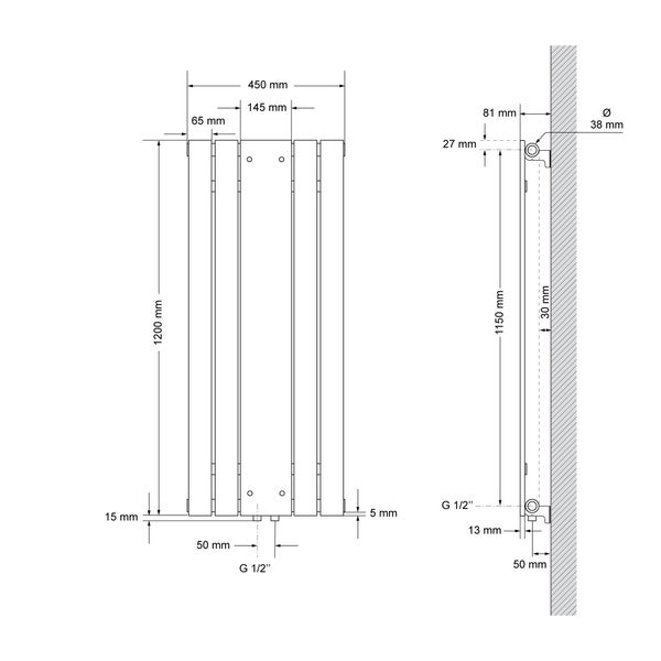 ML-Design Badheizkörper Flach Mittelanschluss 1200x450mm Anthrazit & Spiegel Anschlussarmatur Universal Eck- und Durchgangsform Multiblock Thermostat Paneelheizkörper Spiegelheizkörper Glasheizkörper
