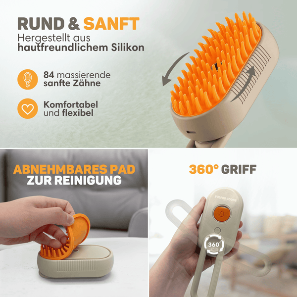 Vulpes Goods Katzen Dampfbürste - Selbstreinigende Katzen-Stoombürste - Kurz/Langhaarkatze Dampfgerät - Inkl. 2 extra Kämme
