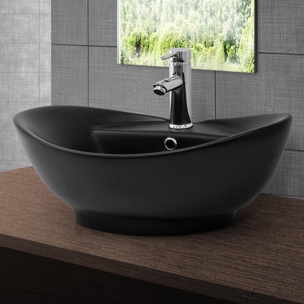 ML-Design Waschbecken aus Keramik in Schwarz matt 59x39,5x20,5 mm mit Ablaufgarnitur, Ovale Aufsatzwaschbecken, Moderne Waschtisch, Waschschale mit Hahnloch und Abflussloch, Waschplatz Handwaschbecken