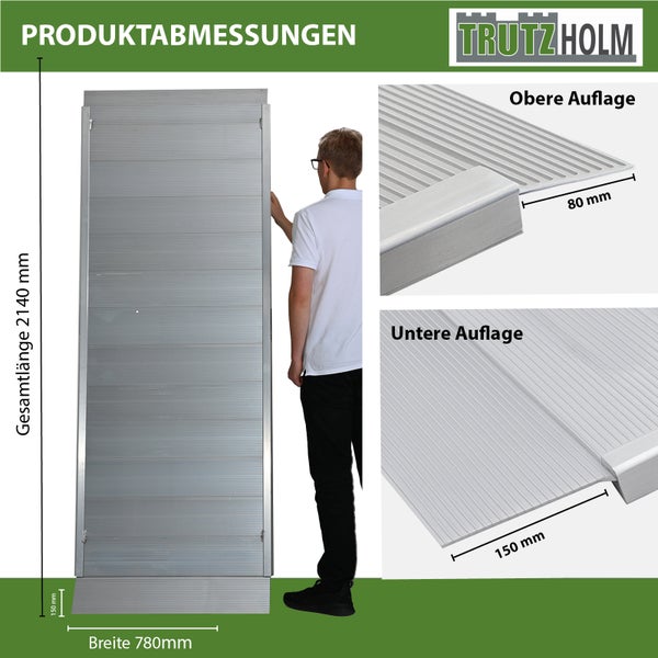 Abmessungen der Trutz Holm Rampe mit Angabe der Breite, Gesamtlänge sowie der oberen und unteren Auflage