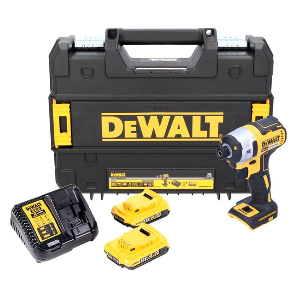 DeWALT Akku-Schlagschrauber-Set mit Schlagschrauber, zwei 18 Volt Lithium-Ionen Akkus, Ladegerät und Transportkoffer.