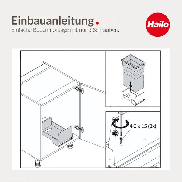 Montageanleitung für ein Hailo Mülltrennsystem im Unterschrank mit drei Schrauben der Größe 4,0 mal 15 Millimeter. Hailo Logo.