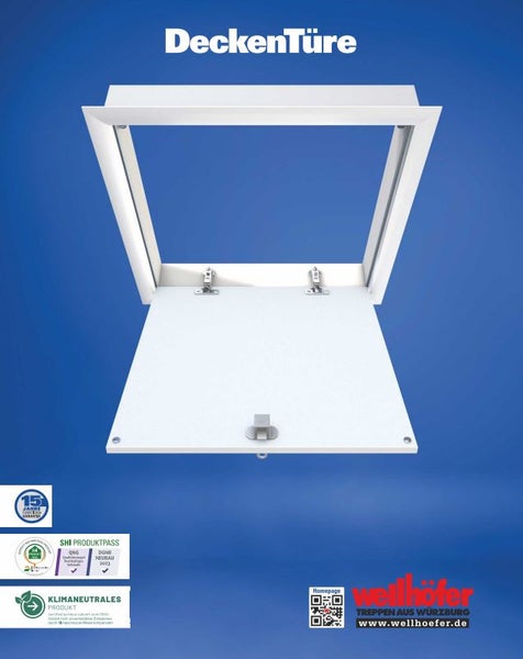 Geöffnete Deckeltreppe mit Garantie Aufkleber und Klimaneutrales Produkt Siegel