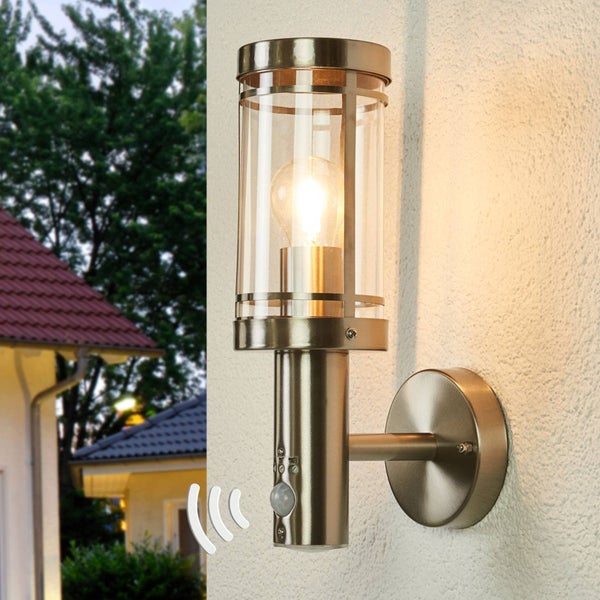 Lindby Edelstahl Wandlampe mit Bewegungsmelder, Wandleuchte aussen Außenleuchte IP44 Außenlampe 1x E27 ohne Leuchtmittel Außenwandleuchten Garten