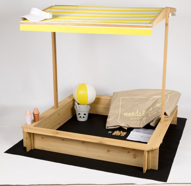needs&wants® Sandkasten mit Dach Sitzbank und Boden Vlies-Folie, mit Abdeckung Oxford 600D, Sandkiste Holz rechteckig mit Bänken Outdoor Garten Kinder UV-Sonnenschutz, gelb weiß braun