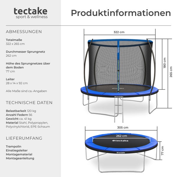 Produktinformationen: Trampolin mit Sicherheitsnetz und Leiter von tectake mit Maßangaben.