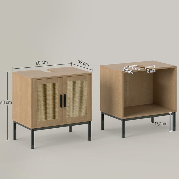 Waschbeckenunterschrank in Holzoptik mit Wiener Geflecht, Breite 60 Zentimeter, Höhe 60 Zentimeter, Tiefe 39 Zentimeter, schwarze Metallfüße.