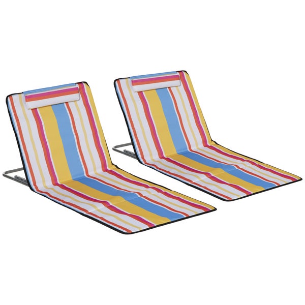 Outsunny Strandmatte, 2er Set Faltbare Strandliege mit Kopfkissen, 5-stufige Höhenverstellbare Strandmatratze mit Tragetasche, Stahl, Mehrfarbig, 134 x 48 x 33-43 cm