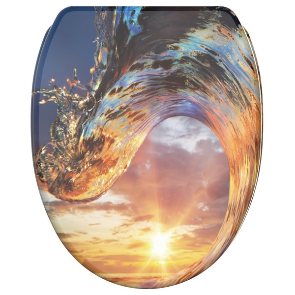 WC-Sitz mit Motiv einer Meereswelle und einem Sonnenuntergang.