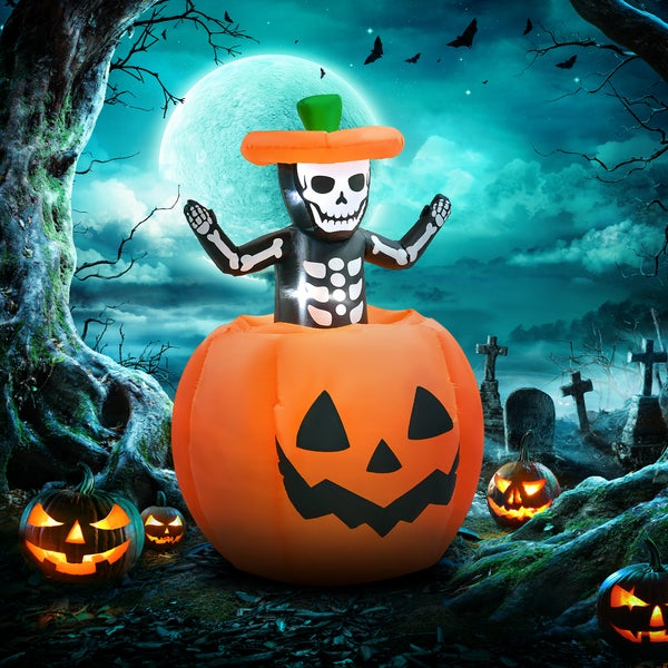 Outsunny 150 cm Aufblasbar Halloween Kürbis mit Skelett Halloweendekorationen Halloween Deko Helloween-Gartendeko mit LED Lichter Wasserdicht Indoor Outdoor Halloween Party