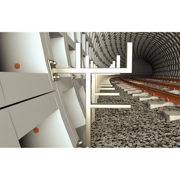 Illustration eines Tunnelbaus mit Gleisen und Stützbalken.