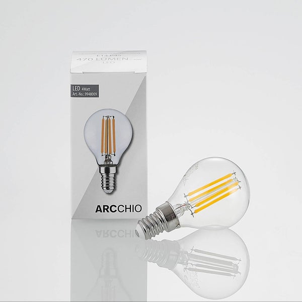 Arcchio LED Leuchtmittel E14 P45, 4 Watt, 470 Lumen, warmweiß, klares Glas, Filament-Optik mit Produktverpackung.