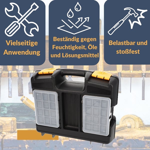 Werkzeugkoffer mit Fächern für vielseitige Anwendung, Beständigkeit gegen Feuchtigkeit, Öle und Lösungsmittel und Belastbarkeit und Stoßfestigkeit