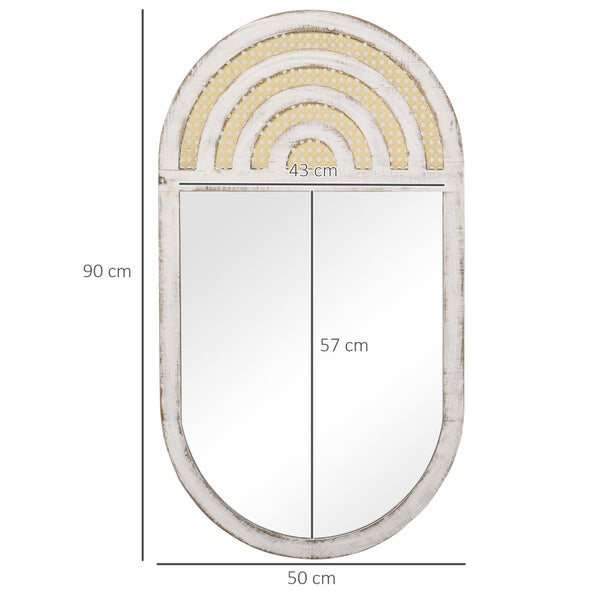 HOMCOM Wandspiegel, Wohnzimmerspiegel, 50 x 90 cm Flurspiegel mit Rattanoptik, Holzrahmen für Schlafzimmer Weiß