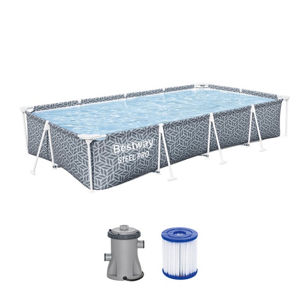 Bestway Steel Pro Frame Pool rechteckig mit Blattmuster, inklusive Filterpumpe und Filterkartusche.