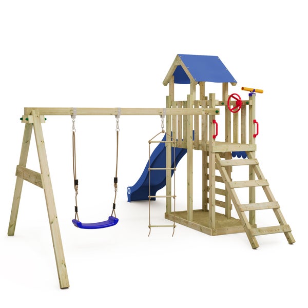 WICKEY Spielturm Klettergerüst MultiFlyer Light mit Schaukel und Rutsche, Kletterturm mit Sandkasten, Leiter und Spiel-Zubehör - blau