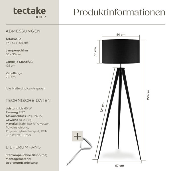 Produktinformationen zu einer Stehlampe mit den Maßen 57 x 57 x 158 cm