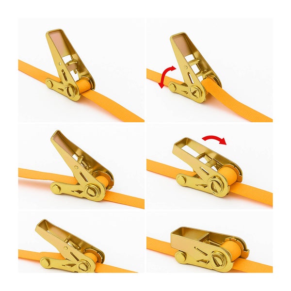 Mehrfachansicht eines Ratschenzurrgurts mit Gurtband zur Ladungssicherung