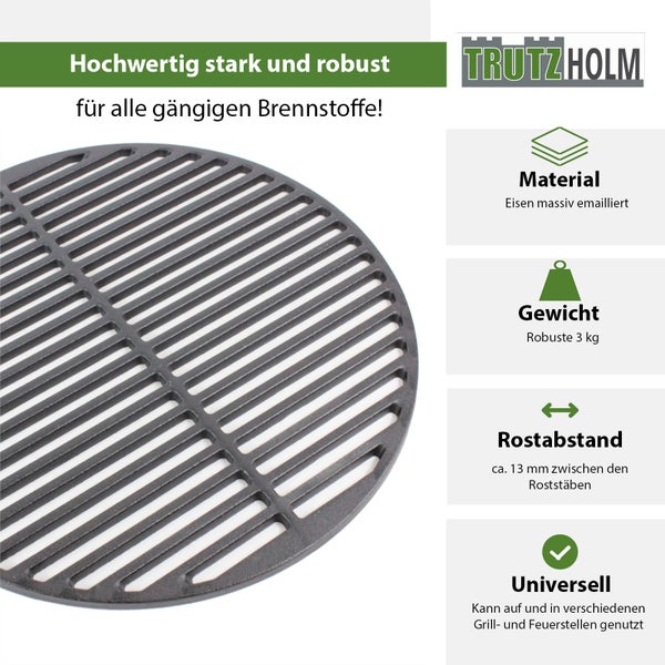 Runder Grillrost aus massivem emailliertem Eisen von Trutzholm mit 3 kg Gewicht und 13 Millimeter Stababstand für verschiedene Grillstellen.