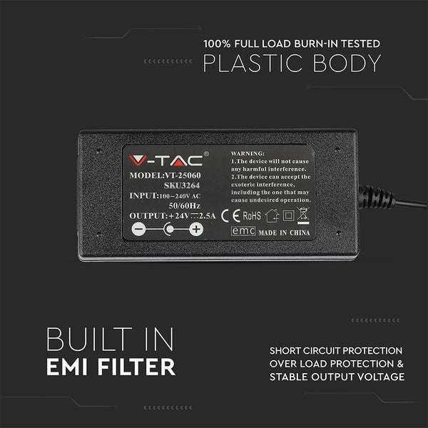 V-TAC Logo, Modell VT-25060, SKU3264, Eingang 100 bis 240 Volt Wechselstrom, 50/60 Hertz, Ausgang plus 24 Volt, 2,5 Ampere, CE-Kennzeichnung, RoHS-Kennzeichnung, Kurzschlussschutz, Überlastschutz und stabile Ausgangsspannung