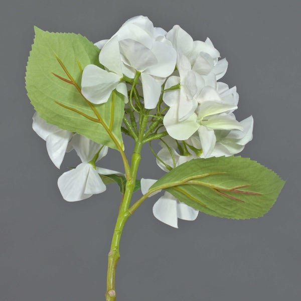 Künstliche Hortensie mit weißer Blüte, grünem Stiel und Blättern.