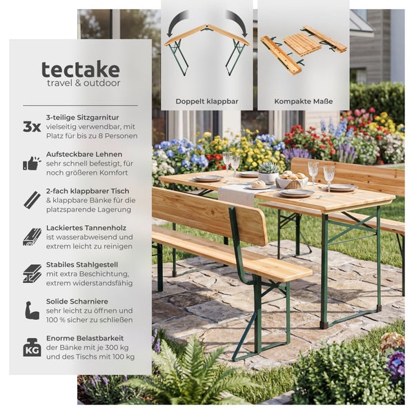 Dreiteilige, klappbare Tectake Biergarten-Garnitur aus Holz mit zwei Bänken mit Lehnen auf grünem Stahlgestell für Garten oder Terrasse.