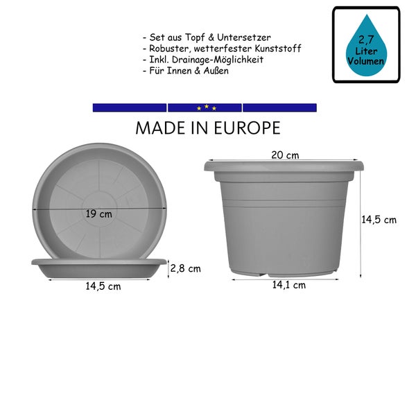 U 3x Blumentopf Ø 20 cm Farbe Terrakotta & Untersetzer Kunststoff Pflanztopf Containertopf Übertopf Pflanzkübel rund 20 x 14,5 cm Blumentöpfe