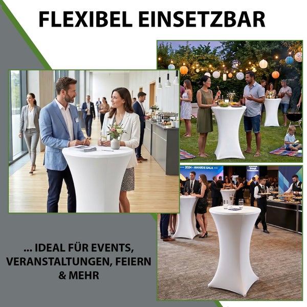 Weiße Stehtischhusse für verschiedene Anlässe wie Business-Events, Gartenpartys und festliche Galas.