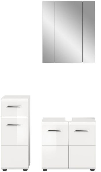 Badezimmermöbel-Set bestehend aus dreitürigem Spiegelschrank, Beistellschrank mit zwei Schubladen und einem Waschbeckenunterschrank.