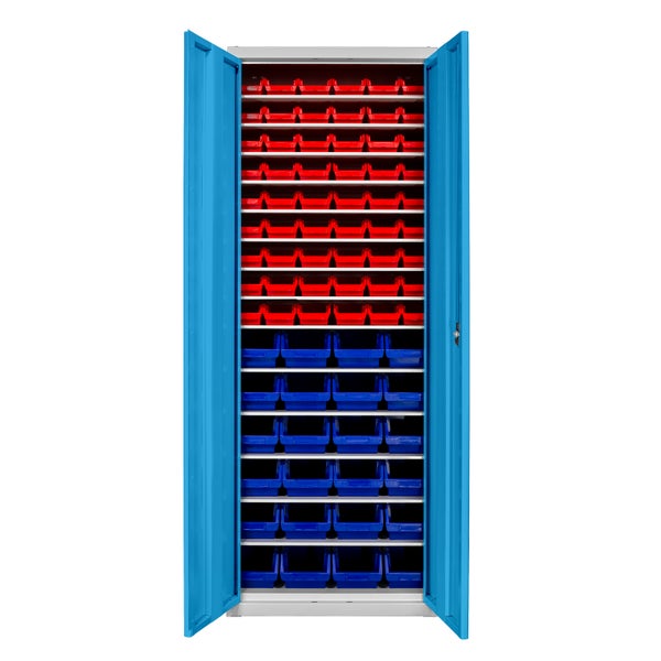 PROREGAL Flügeltürenschrank Owl mit 14 Fachböden + 78 Sichtlagerkästen | HxBxT 195x71x30cm | Lichtgrau/Lichtblau | Spind, Kleinteillager