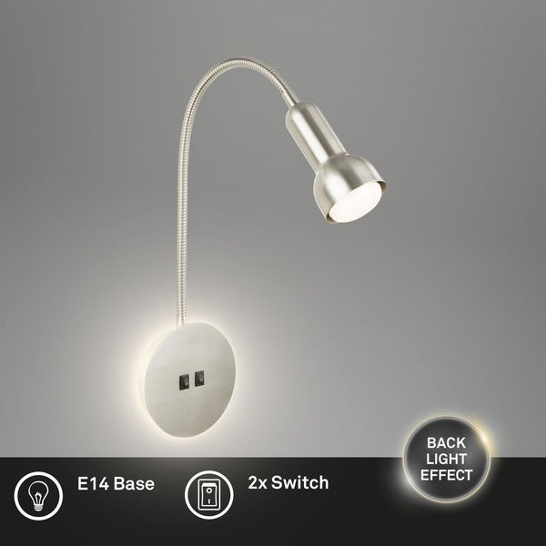 Wand-Leseleuchte aus Metall mit flexiblem Arm, E14-Fassung, zwei Schaltern und Hintergrundbeleuchtungseffekt.