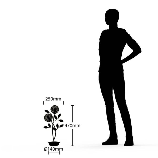 Dekorative Metallleuchte in Form einer Pflanze mit den Maßen 250 mm Breite, 470 mm Höhe und 140 mm Durchmesser