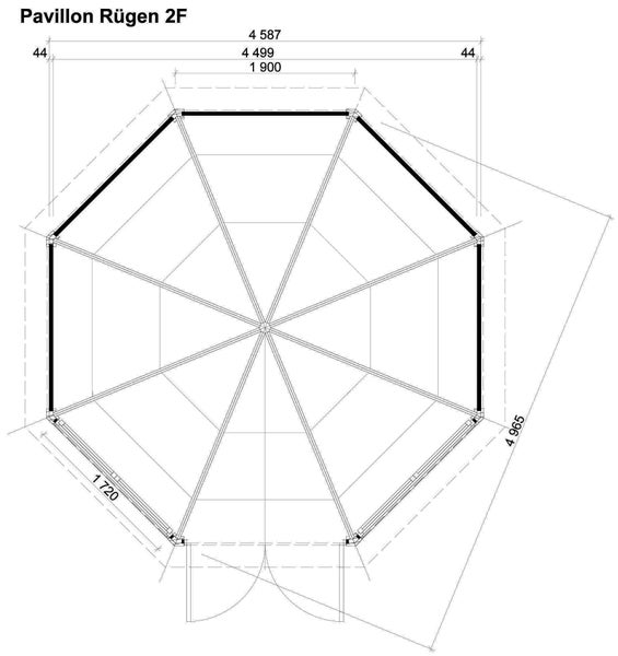Technischer Grundriss des achteckigen Pavillons Rügen 2F mit detaillierten Maßangaben in Millimetern.