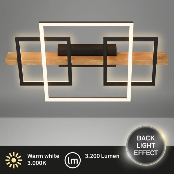 Briloner Cadre LED Deckenlampe, Indirektes Licht, 3 Stufen Schaltung, Holzdekor, Warmweißes Licht, Schwarz-Holz, 55 x 30 x 8 cm