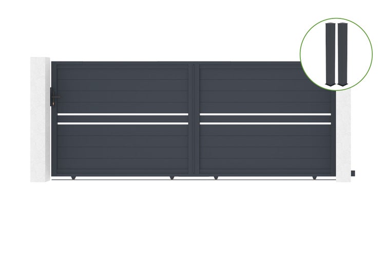 Technische Zeichnung eines Gartentors mit Maßangaben und Zubehördetails