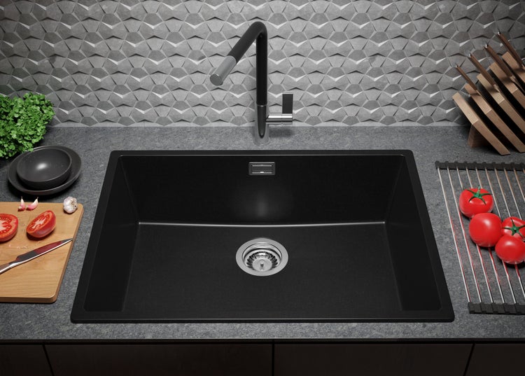 PRIMAGRAN Spülbecken Alles Schwarz 66x47cm, Granitspüle 1 Becken + Ablauf-Set, Küchenspüle ab 70er Unterschrank - London Slim