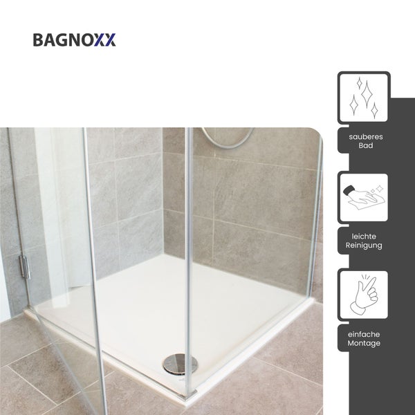Bagnoxx Logo. Duschkabine mit Glastüren und Duschwanne. Symbole für sauberes Bad, leichte Reinigung und einfache Montage.