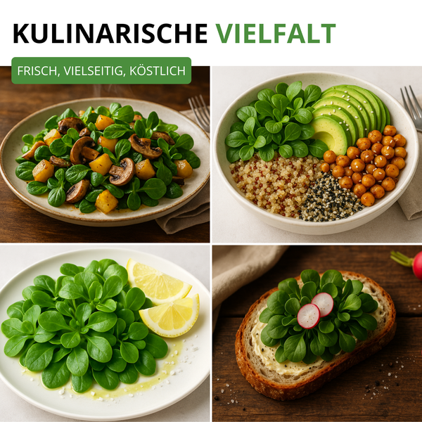 Collage mit verschiedenen Serviervorschlägen für Feldsalat: Salat mit Pilzen, eine Bowl mit Avocado und Kichererbsen sowie ein belegtes Brot.