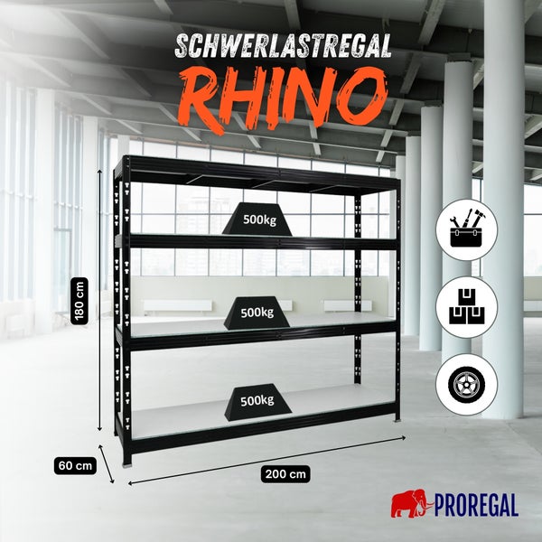 Proregal Metall Schwerlastregal Rhino, 180 mal 200 mal 60 Zentimeter, Traglast 500 Kilogramm pro Boden, für Werkstatt. Proregal Logo