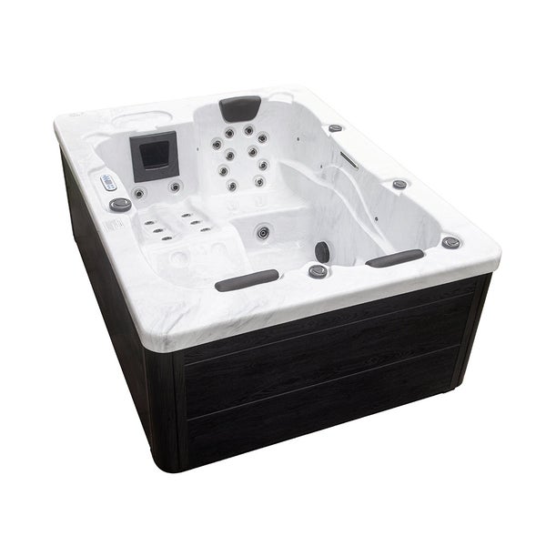 Home Deluxe - Outdoor Whirlpool - White Marble Plus Treppe und Thermoabdeckung - Maße 210 x 160 x 85 cm - Inkl. Heizung, 27 Massagedüsen und 9 Lichtquellen I Außen Whirlpool Spa für 3 Personen