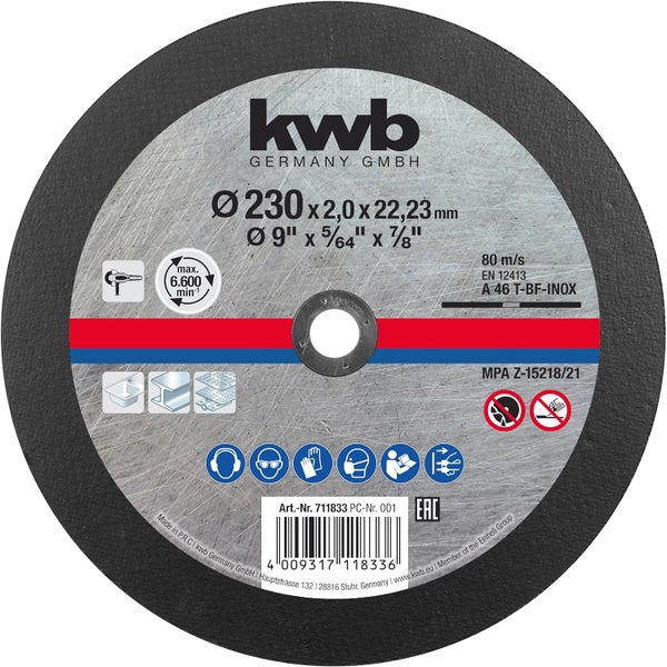 kwb Metall-Trennscheibe 230 x 1,9 mm dünn, Bohrung 22,23 mm für Winkelschleifer, für Edelstahl geeignet