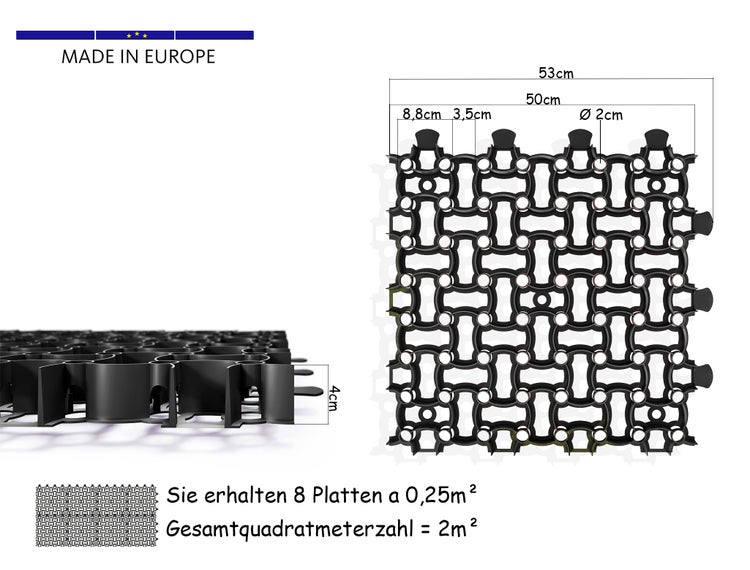 8x Rasengitter Paddockplatte SCHWARZ 50x50 cm Reitplatzmatten Rasenmatten Rasenwaben Kiesgitter Parkplatzrasen 2 m