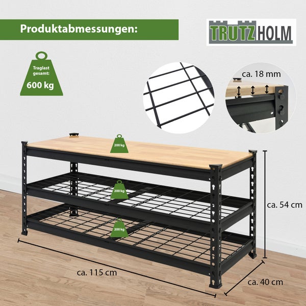 Trutzholm Schwerlastregal Werkbank mit drei Ablagen, 600 Kilogramm Traglast, Maße circa 115 mal 40 mal 54 Zentimeter, Fachbodenstärke 18 Millimeter.