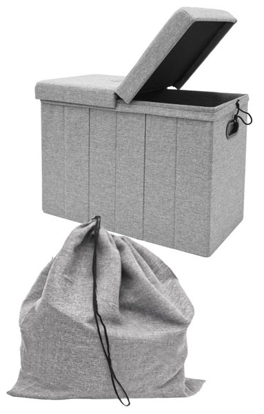 Faltbare Aufbewahrungsbox aus Textil mit Deckel und herausnehmbarem Innensack mit Kordelzug.