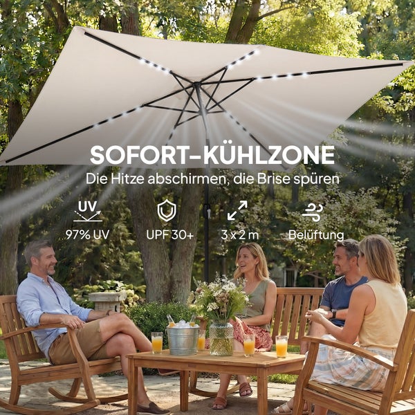 Outsunny Sonnenschirm LED Solar ca. 300 x 200 cm knickbar Balkonschirm mit Kurbel Schutzhülle, UV Schutz, Drehbar Gartenschirm Rechteckig Marktschirm für Garten Balkon Terrasse Cremeweiß
