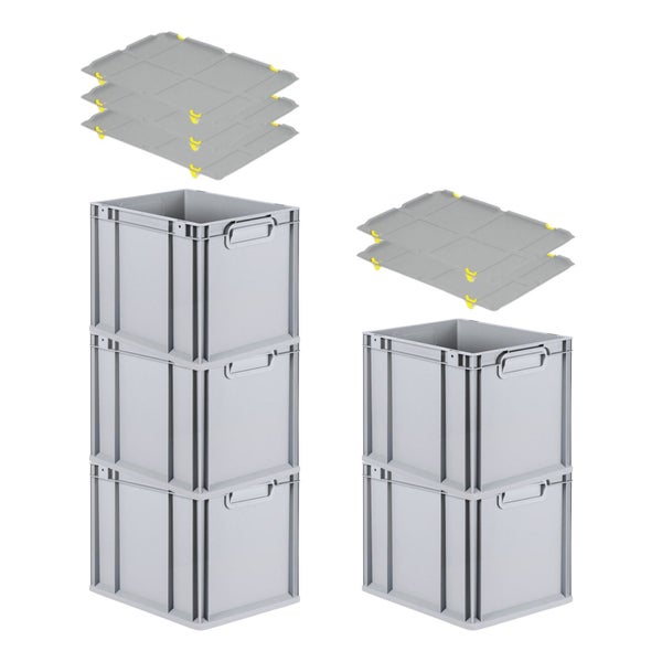 PROREGAL Spar Set 5x Eurobox Nextgen Economy Mit Auflagedeckel & 4x Schiebeschnappverschlüsse Gelb Griffe Geschlossen HxBxT 32 x 30 x 40 cm 30 Liter