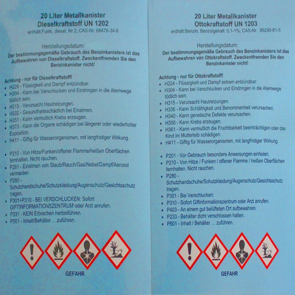 Sicherheitshinweise und Gefahrenpiktogramme für zwanzig Liter Metallkanister für Dieselkraftstoff und Ottokraftstoff mit Kennzeichnungspflicht.