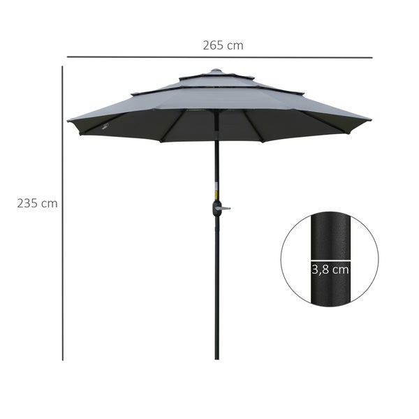 Outsunny 2,6 m Sonnenschirm mit 3-stufigem Dach Handkurbel Terrassenschirm drehbar Marktschirm 8 Rippen Gartenschirm mit Sonnenschutz Stahl Polyester Dunkelgrau
