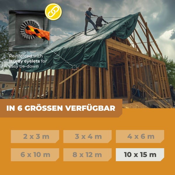 Grüne Abdeckplane auf Holz-Dachstuhl mit Arbeitern. Detail einer verstärkten Öse. In 6 Größen von 2 mal 3 Meter bis 10 mal 15 Meter verfügbar.