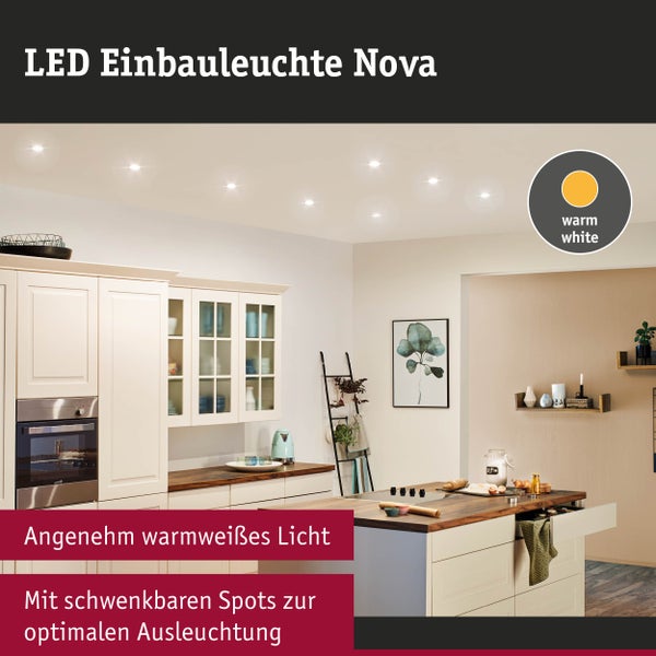 LED-Einbauleuchten Nova in einer hellen Küche mit warmweißem Licht und schwenkbaren Spots für optimale Ausleuchtung.